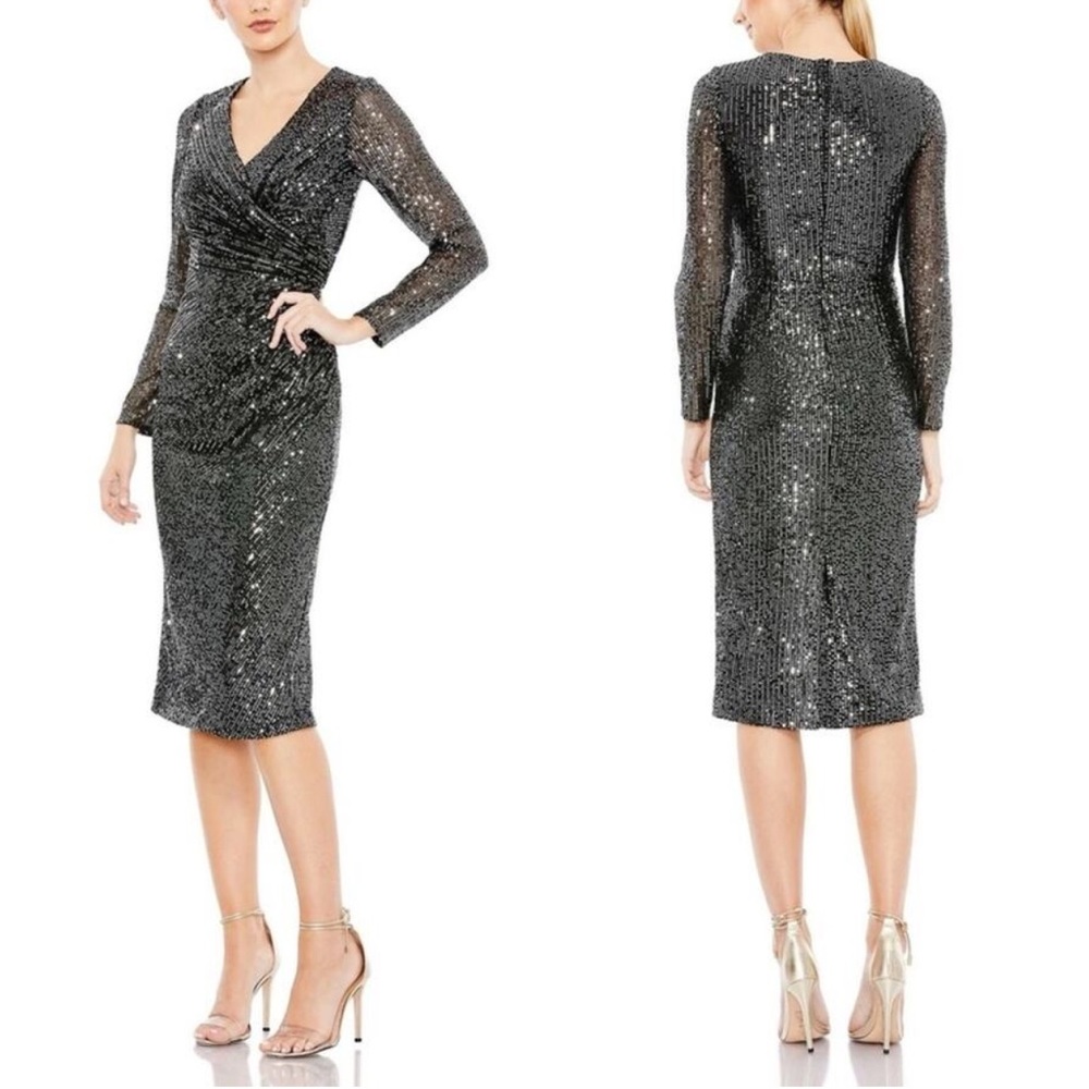 Mac Duggal Gunmetal Color Long Sleeve Sequin Midi Cocktail Dress  Style # 26940